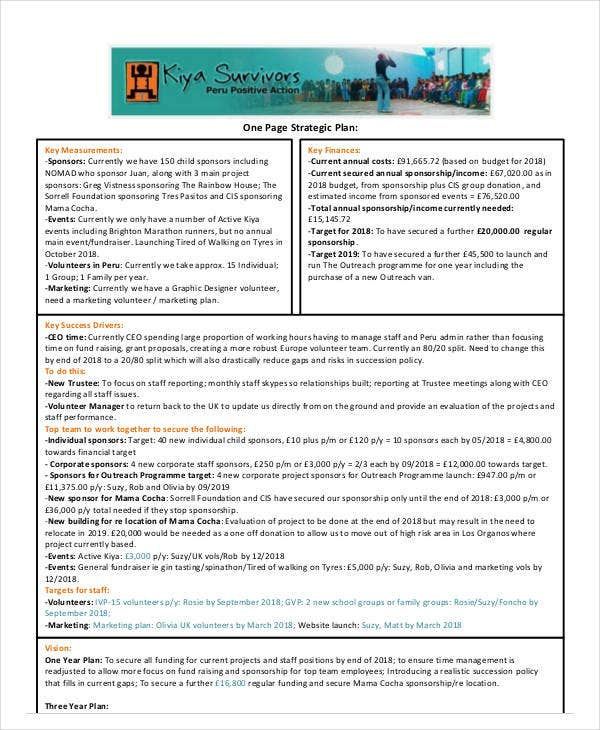 11 One Page Strategic Plan Templates Pdf Word Free In One Year Business Plan Template