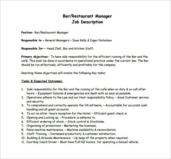 14 Restaurant Manager Job Description Templates Word Throughout Quality Restaurant Managers Log Template