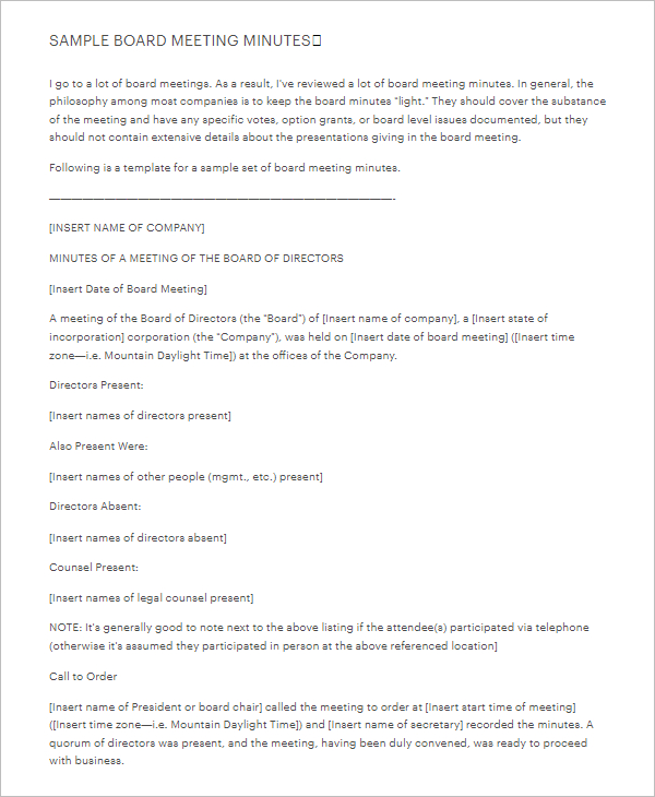 17 Board Of Directors Meeting Minutes Templates Free Doc Within Free Corporate Board Of Directors Meeting Agenda Template
