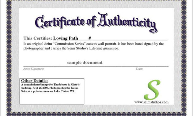 20 Certificate Of Authenticity Templates Free Download In Free Certificate Of Authenticity Photography Template