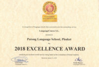 2018 Excellence Award Patong Language School With Certificate Of Academic Excellence Award