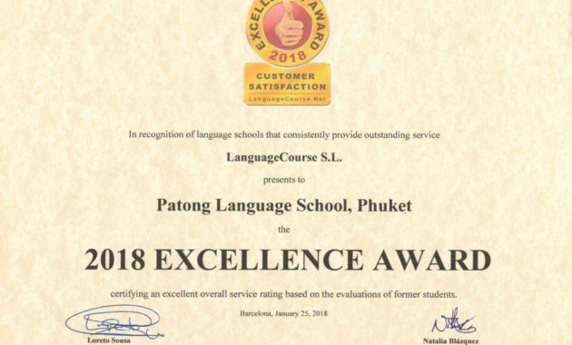2018 Excellence Award Patong Language School With Certificate Of Academic Excellence Award