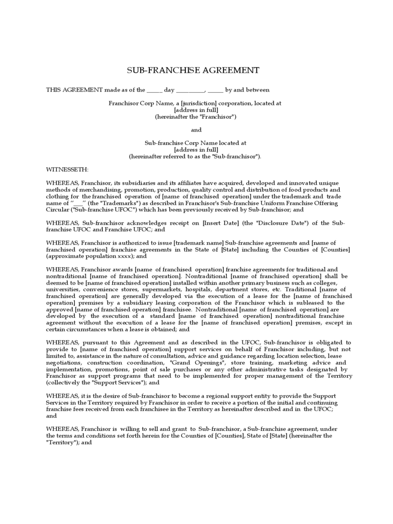 2020 Franchise Agreement Template Fillable Printable Pertaining To Franchise Business Model Template