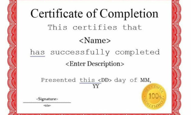 21 Certificate Of Completion Templates Free Printable With Free Completion Certificate Templates For Word