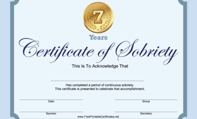 7 Years Sobriety Certificate Blue Printable Certificate In Awesome Certificate Of Sobriety Template Free