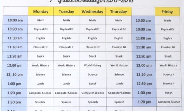 7Th Grade Homeschool Curriculum Schedule Lesson Plans Intended For Free Middle School Agenda Template