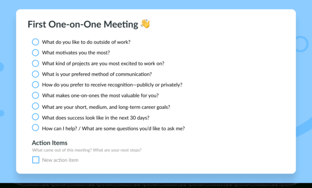 9 Questions For Your First Oneonone Meeting With A New Regarding Quality All Hands Meeting Agenda Template