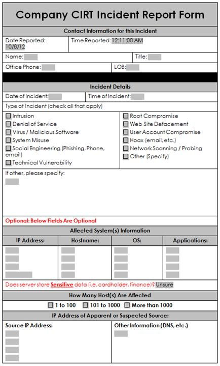 A Sample Incident Response Report Form Enterprise Pertaining To Security Incident Log Template