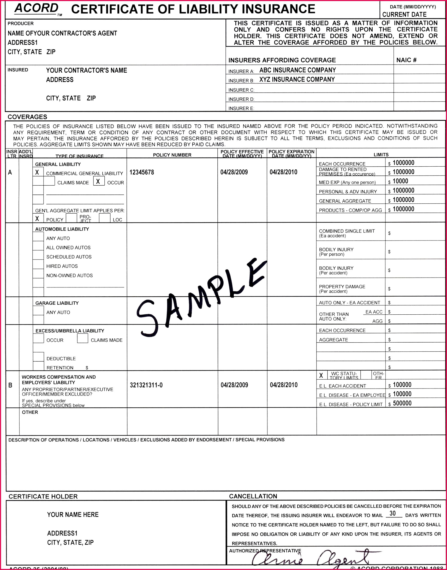 Acord Insurance Certificate Template With Certificate Of Insurance Template