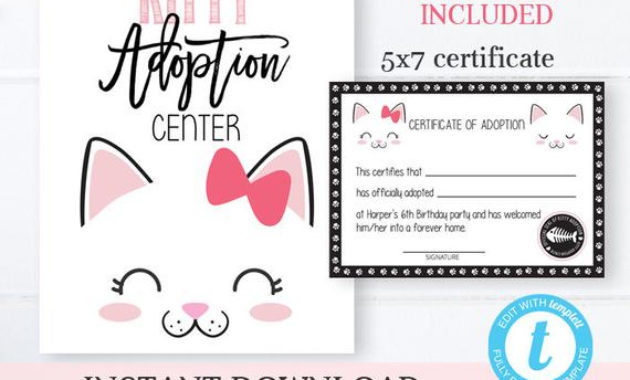Adopt A Kitty Birthday Party Kit Printable Kitty Adoption In Cat Adoption Certificate Template