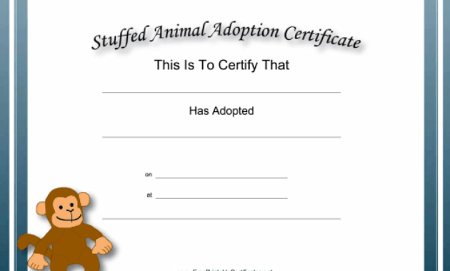 Adoption Certificate Stuffed Animal Monkey Academic Inside Toy Adoption Certificate Template