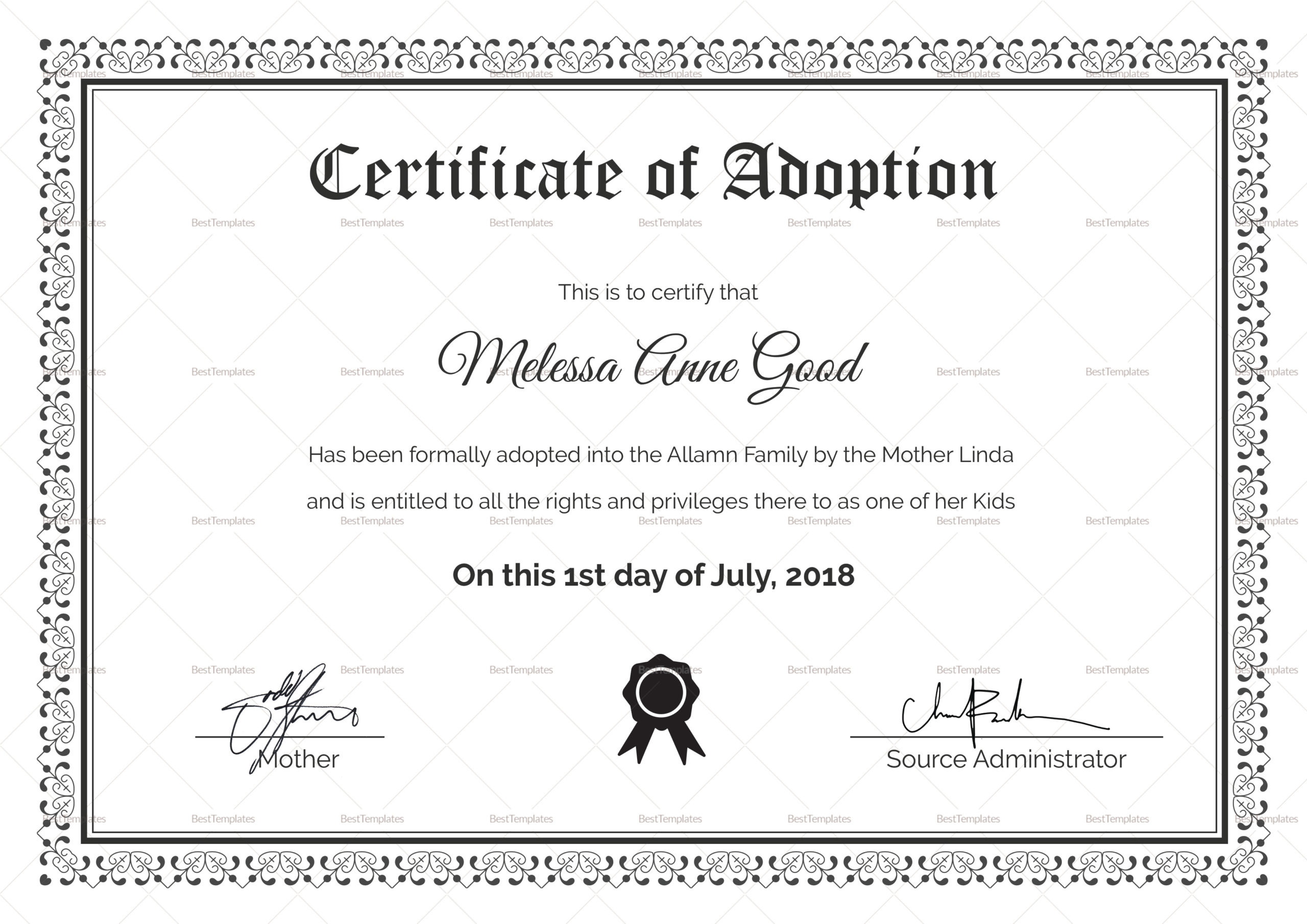 Adoption Certificate Template Atlantaauctionco Regarding Free Adoption Certificate Template