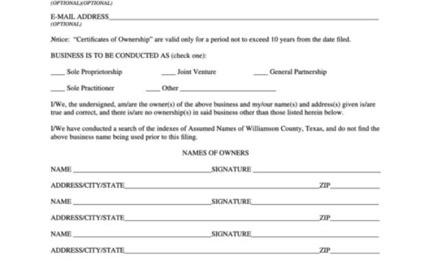 Assumed Name Certificate Of Ownership For Unincorporated Throughout Ownership Certificate Template