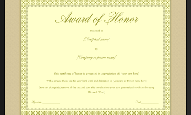 Award Of Honor Certificate Template Editable For Word In Best Honor Certificate Template Word 7 Designs Free
