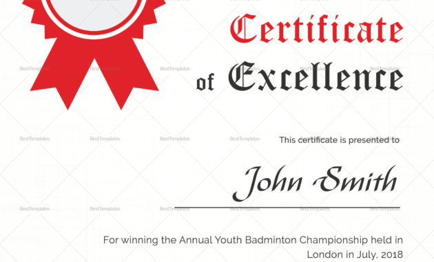 Badminton Excellence Certificate Design Template In Psd Word Intended For Badminton Achievement Certificates