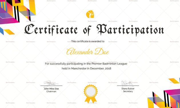 Badminton Participation Certificate Design Template In For Tennis Participation Certificate