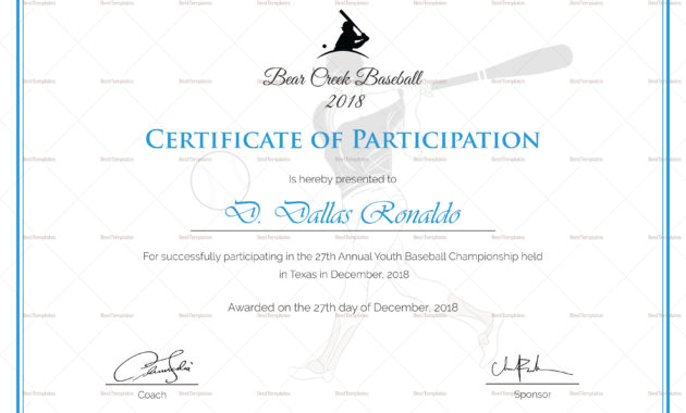 Baseball Participation Certificate Design Template In Psd Regarding Free Free Templates For Certificates Of Participation