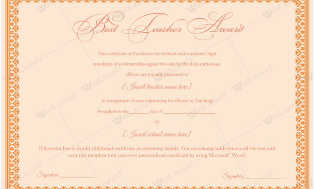 Best Teacher Award 05 Word Layouts Regarding Best Teacher Certificate