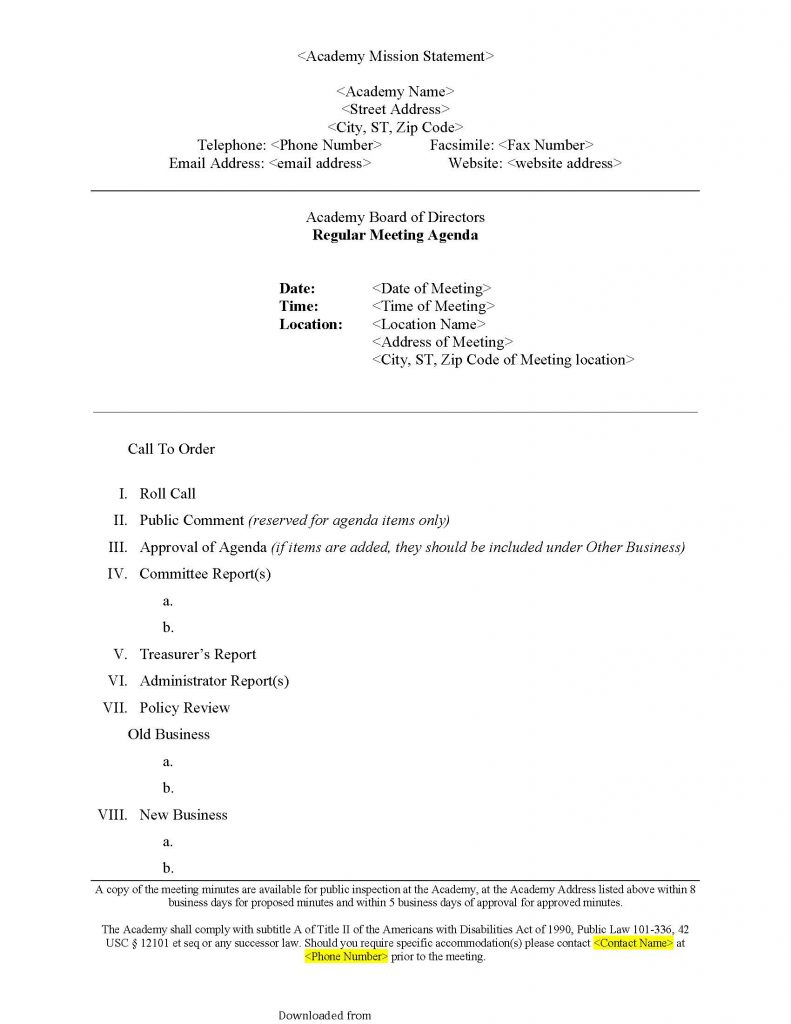 Board Meeting Agenda Template Word Pdf Format E Throughout Board Of Directors Meeting Agenda Template