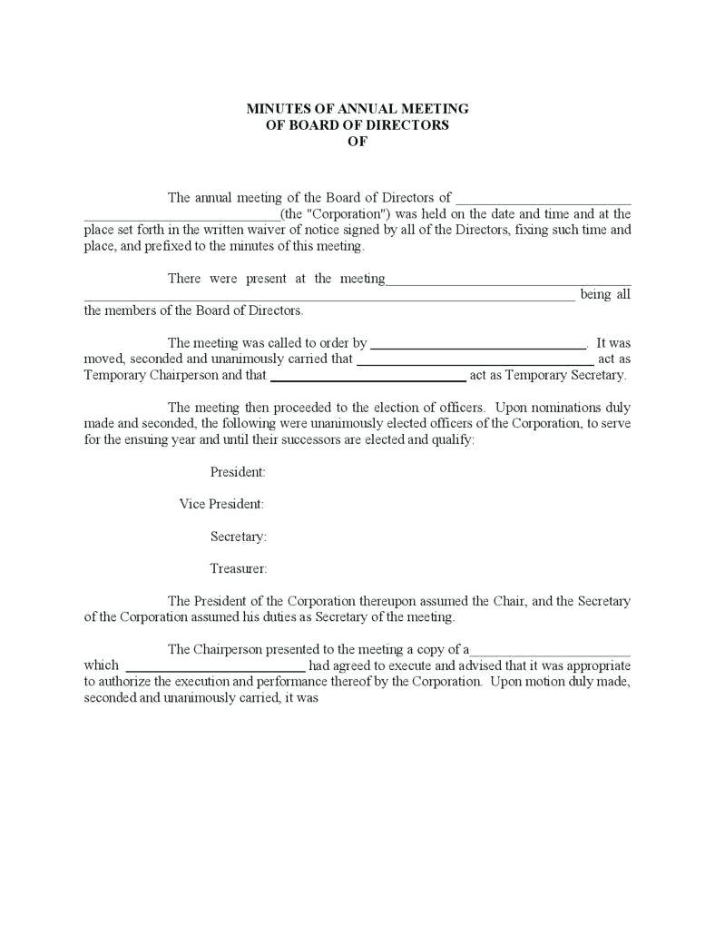 Board Of Directors Meeting Minutes Template With Printable Board Of Directors Meeting Minutes Template
