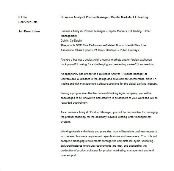 Business Analyst Jo/B Description Template 9 Free Word Regarding Business Analyst Documents Templates
