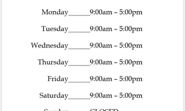 Business Hours Sign Printable Template Hours Of Operation For Printable Business Hours Sign Template