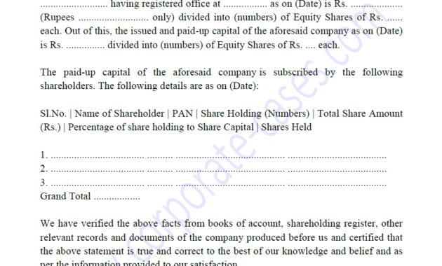 Ca Certificate For Shareholding Pattern Of A Company Format With Awesome Shareholding Certificate Template