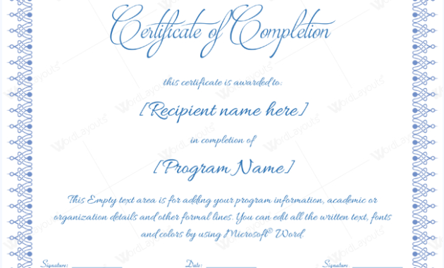 Certificate Of Completion 18 Word Layouts Inside Certificate Of Completion Free Template Word