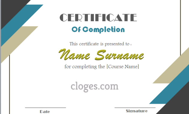 Certificate Of Completion Cloges With Awesome Certificate Of Completion Templates Editable