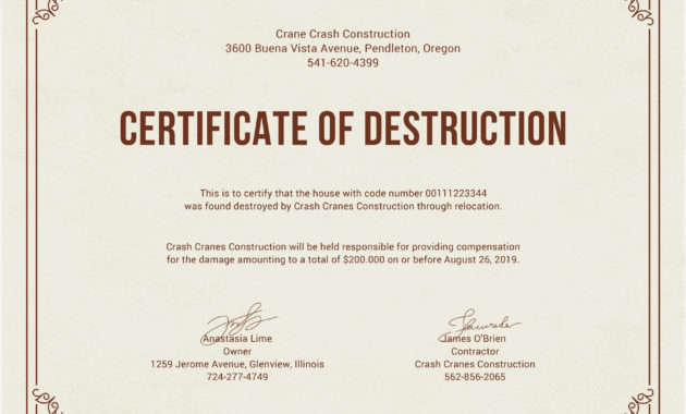 Certificate Of Destruction Template Word Labee Inside Printable Certificate Of Disposal Template