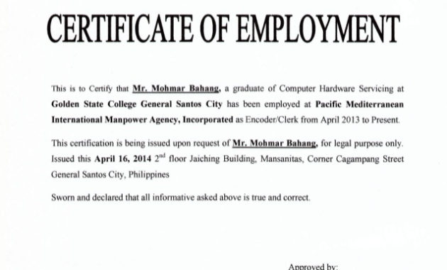 Certificate Of Employment Certificates Templates Free Pertaining To Certificate Of Employment Template