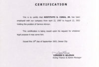 Certificate Of Employment Sample Certificates Templates Free For Sample Certificate Employment Template