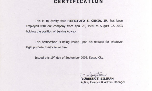 Certificate Of Employment Sample Certificates Templates Free For Sample Certificate Employment Template