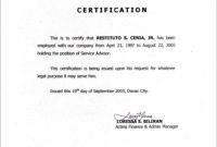 Certificate Of Employment Template Pertaining To Quality Template Of Certificate Of Employment