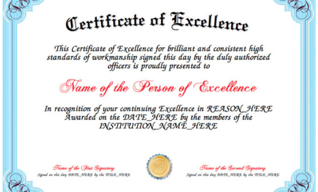 Certificate Of Excellence Certificates Templates Free Pertaining To Free Certificate Of Excellence Template