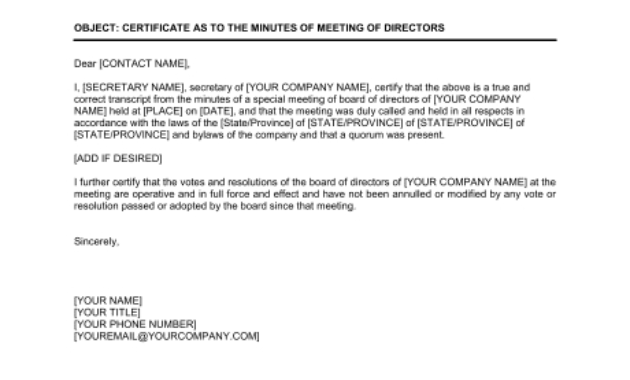 Certificate Of Minutes Of Meeting Of Directors Template Inside Corporate Secretary Certificate Template