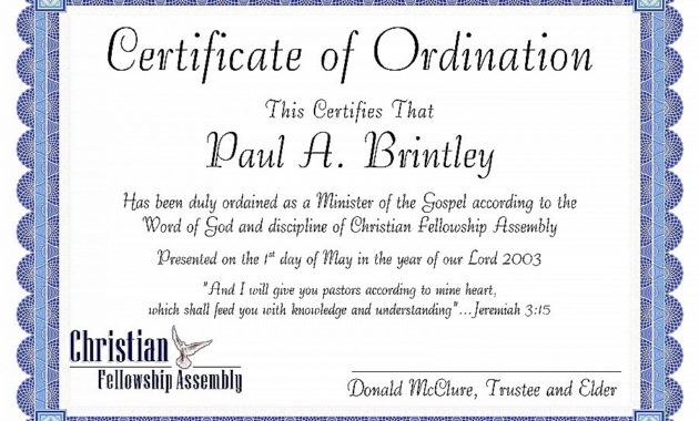 Certificate Of Ordination For Pastor Template For Certificate Of Ordination Template