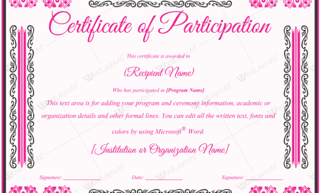 Certificate Of Participation 02 Word Layouts With Best Certificate Of Participation Template Pdf