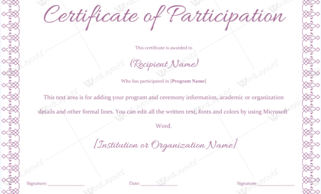 Certificate Of Participation 09 Word Layouts Regarding Free Certificate Of Participation Word Template