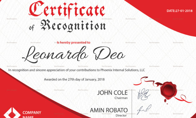 Certificate Of Recognition Design Template In Psd Word Intended For Template For Recognition Certificate