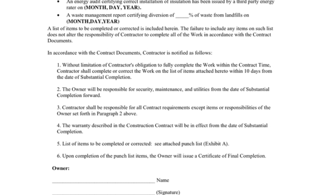 Certificate Of Substantial Completion In Word And Pdf Formats For Certificate Of Construction Completion
