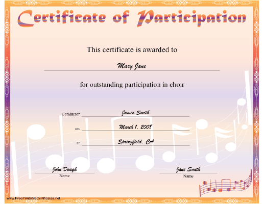 Choir Participation Certificate Printable Certificate In Free Choir Certificate Template