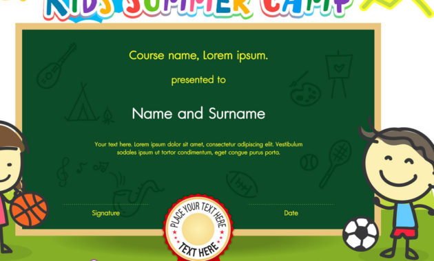 Colorful Kids Summer Camp Diploma Certificate Vector Image With Regard To Certificate For Summer Camp Free Templates 2020