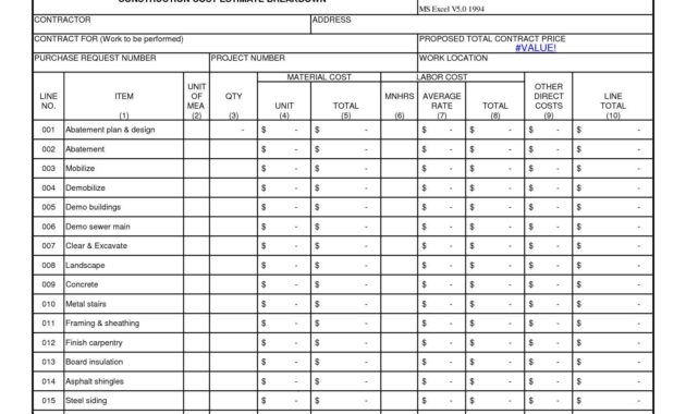 Cost Breakdown Template Excel Pernillahelmersson Pertaining To Quality New Construction Cost Breakdown Template