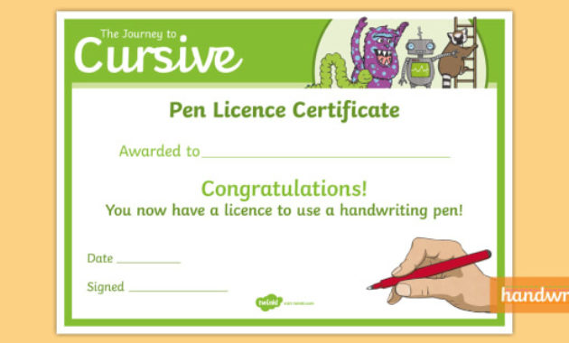 Cursive Handwriting Licence Certificate Teacher Made Pertaining To Awesome Handwriting Award Certificate Printable