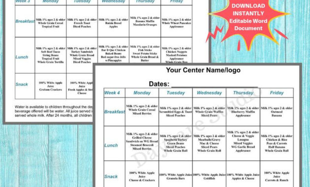 Daycare Weekly Menus/ Childcare Center Printable Menu Etsy Throughout Daycare Center Business Plan Template