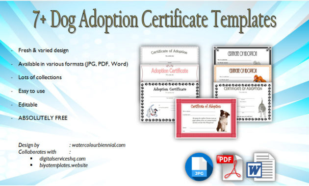 Dog Adoption Certificate Editable Templates 7 Designs Free Within Pet Adoption Certificate Template Free 23 Designs