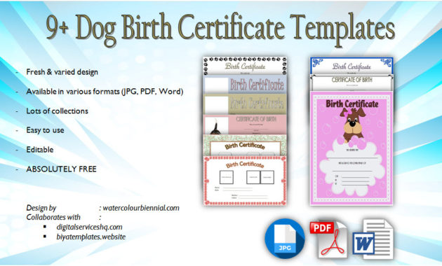 Dog Birth Certificate Template Editable 9 Designs Free With Regard To Puppy Birth Certificate Template