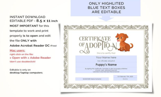 Editable Certificate Of Adoption Dog Template Printable With Regard To Free Dog Adoption Certificate Template