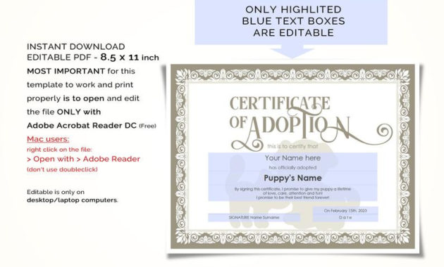 Editable Certificate Of Adoption Template Printable Pet Etsy Inside Pet Adoption Certificate Template